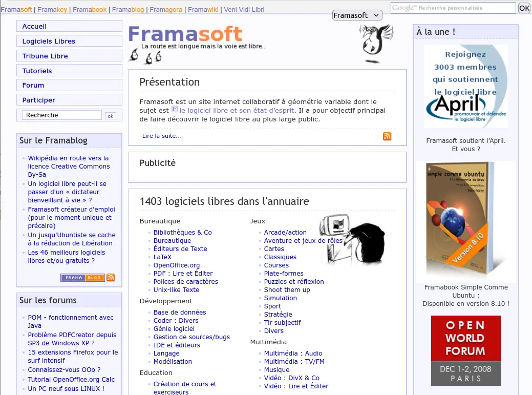 Le site de Framasoft en 2008