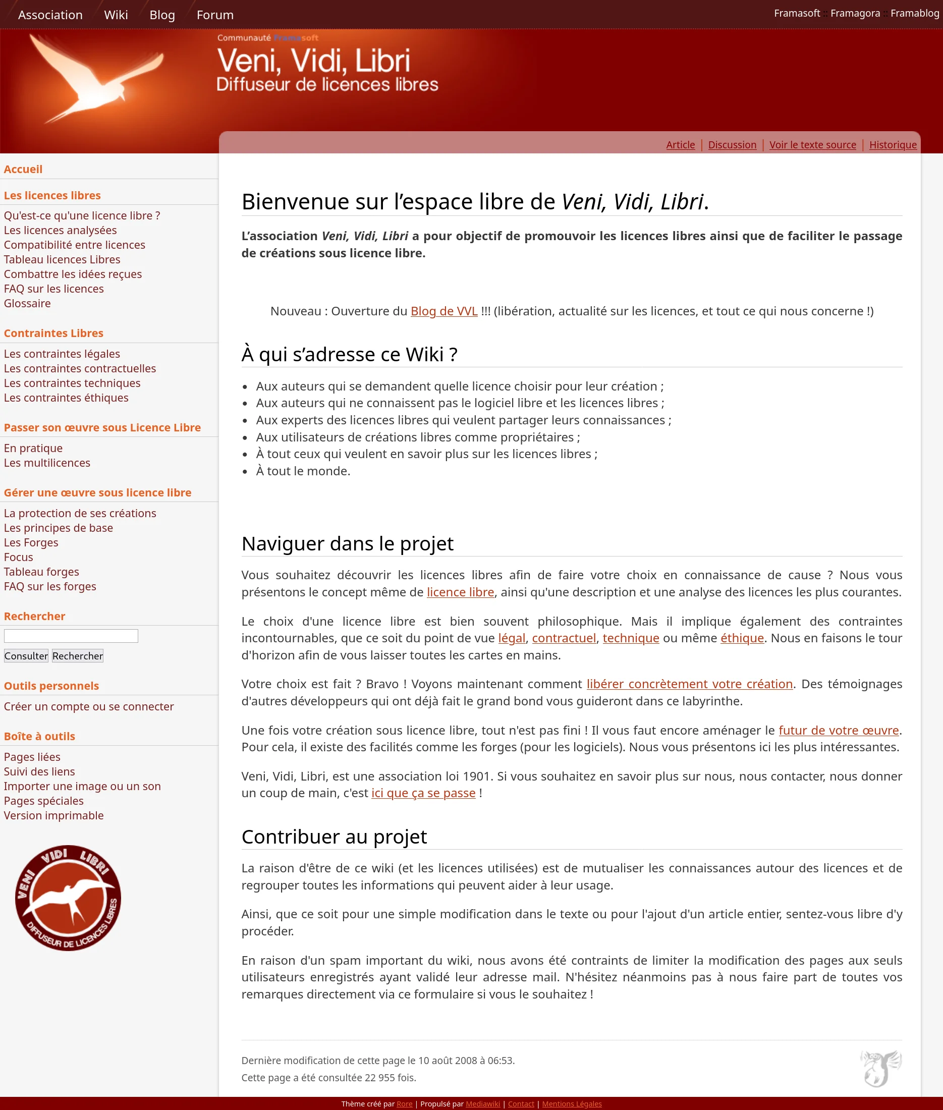 Veni Vidi Libri Le Wiki - Capture d'écran du site en 2008