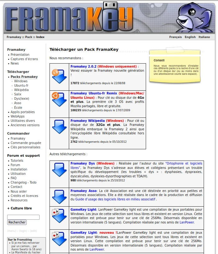 Capture d'écran du site Framakey en 2012