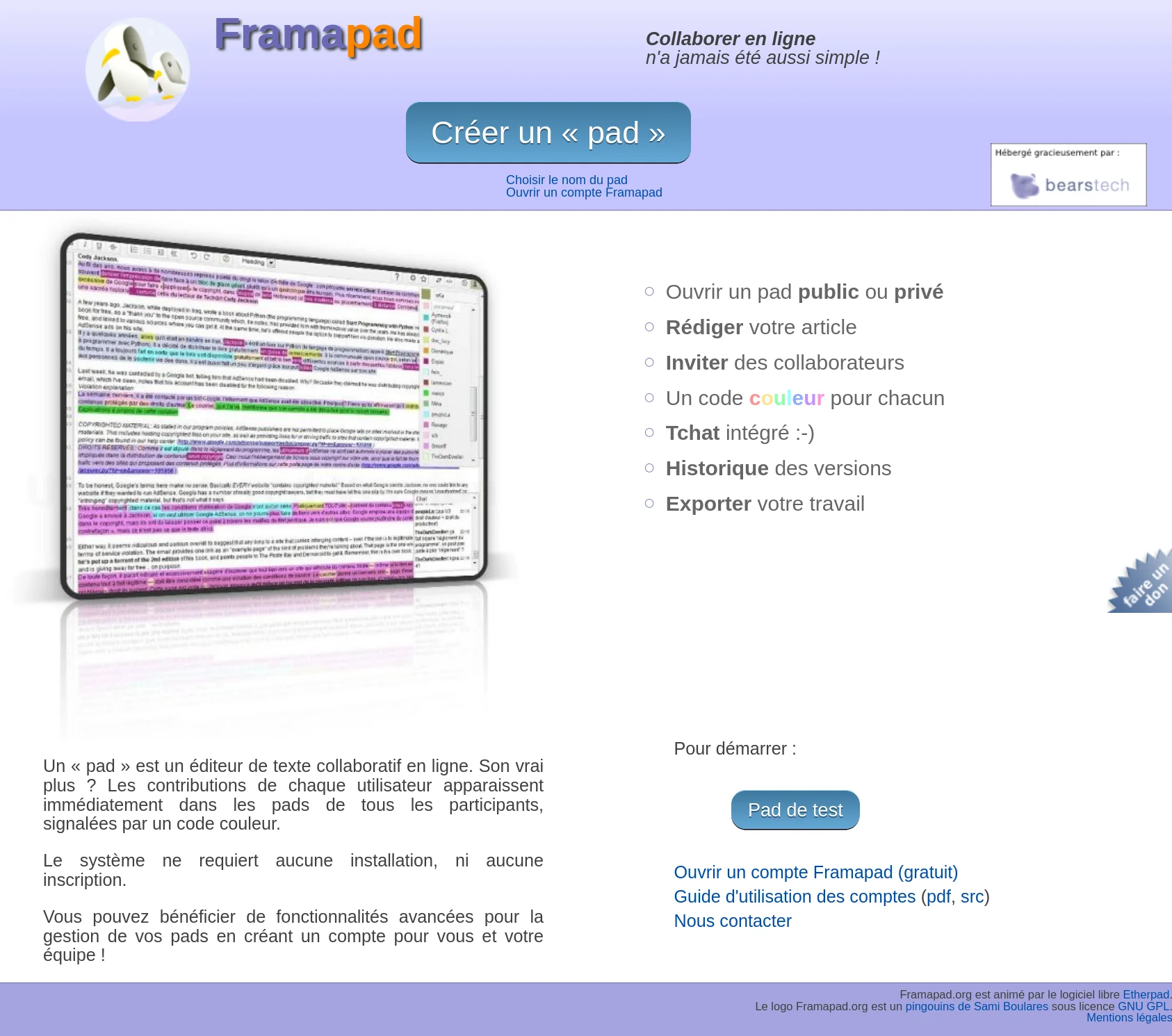 Capture d'écran du site Framapad en 2012