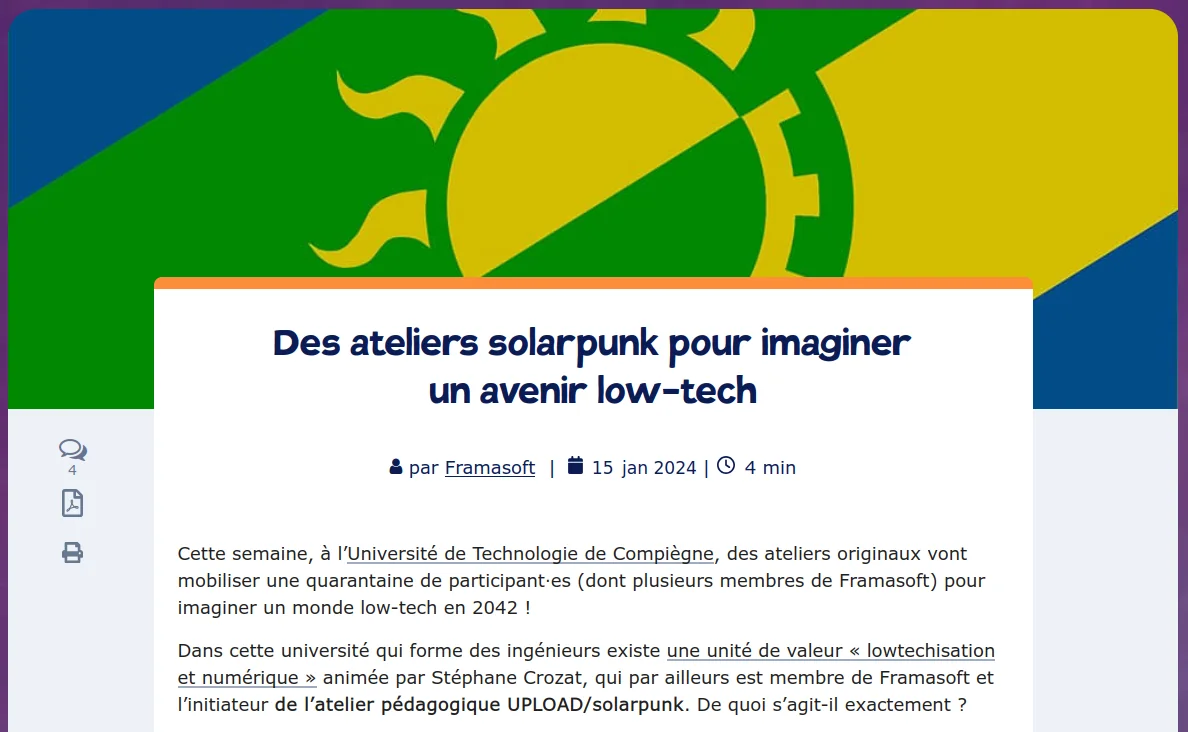 Capture d'écran du Framablog présentant les ateliers Solarpunk